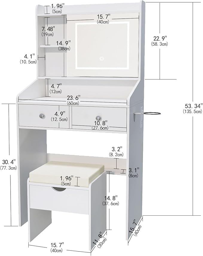 Vanity, Small Vanity Desk with Sliding Mirror, Dimmable LED Lights, 2 Drawers,Vanity Table Ideal for Bedroom (White)