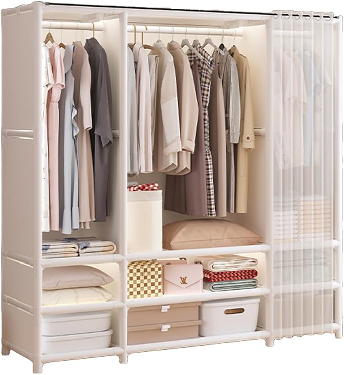 Portable Closet,Portable Closets for Hanging Clothes,Japanese Style Garment Rack with 3 Hanging Rods,9 Storage Shelves,56.2" L x 17.7" W x 65.1" H,White