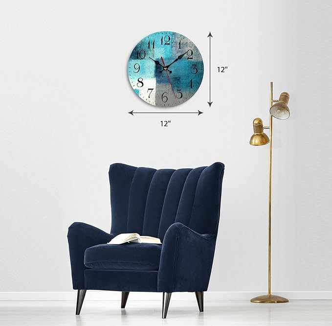 ArtSocket Turquoise Wooden Wall Clock Silent Non-Ticking, Green Blue Grey Teal Aqua Abstract Painting Gray Round Wall Clock Decor for Home Kitchen Living Room Office, Battery Operated 12 Inch