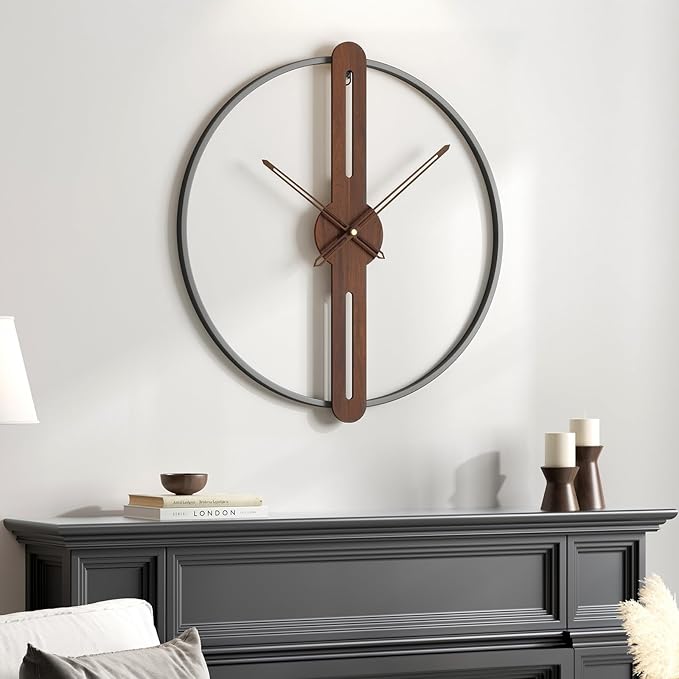Cuspin Modern Wall Clock Silent Non Ticking Battery Operated, Rustic Minimalist Wood Metal Frame Decorative Wall Clocks for Living Room, Office, Bedroom, Kitchen, 16 Inch