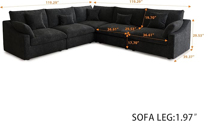 Modular Sectional Sofa,119inch V Shaped Down Filled Cloud Couch,5 Seater Convertible Sofa Living Room Set,Cover Washable and Replaceable Couches for Living Room,Black