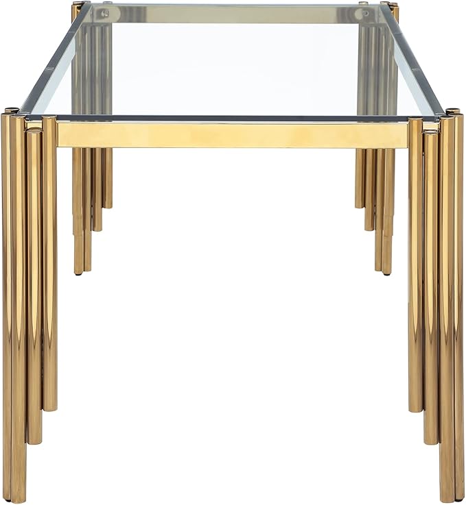 65" Rectangle Glass Dining Table, Glass Kitchen Table w/Tempered Glass Tabletop and Stainless Steel Gold Legs, Modern Glass Dining Room Table for Home, Kitchen, Dining Room