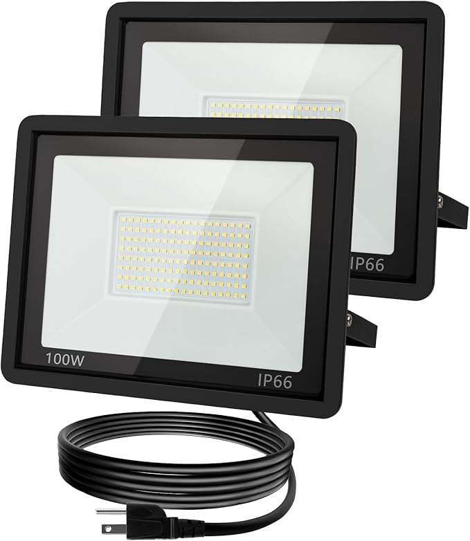 100W LED Flood Light Outdoor, 10000LM Super Bright Floodlight Outside Work Lightwith Plug, 6500K Daylight White LED Flood Light Outdoor, IP66 Waterproof Outdoor Flood Light-2Pack
