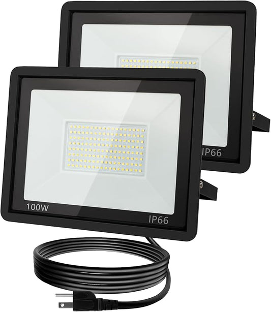 100W LED Flood Light Outdoor, 10000LM Super Bright Floodlight Outside Work Lightwith Plug, 6500K Daylight White LED Flood Light Outdoor, IP66 Waterproof Outdoor Flood Light-2Pack
