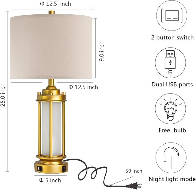 Set of 2 Modern Table Lamps for Living Room, Farmhouse Vintage Bedside Lamp with 2 USB Ports Glass Nightlight, Gold Nightstand Desk Lamps for Entryway Bedroom Dresser, 4 Bulbs Included