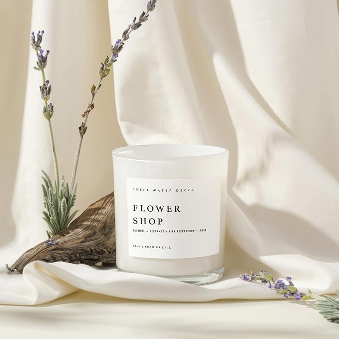 Sweet Water Decor Flower Shop Candle - Jasmine with Pink Peppercorn Scent -100% Cotton Wick Soy Blend Wax Candles with 50 Hour Burn Time - Poured in The USA - 11oz White Jar
