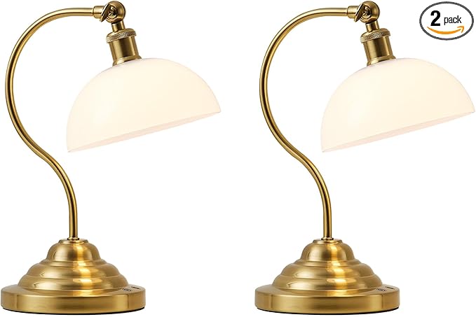 Cordless LED Table Lamp Set of Two, Swing Arm Desk Lamp, Battery Operated,Dimmable/3 Color,Modern Rechargeable Table Light for Living Room,Bedroom,Bedside, White Glass Shade, Brass