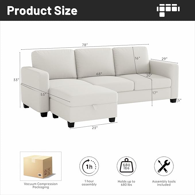 Youmumeub 79''Sectional Couch Couches for Living Room - L-Shaped 4-Seater Deep Sectional Sofa,Removable Covers,Suitable for The Living Room, Apartment or Office-Beige