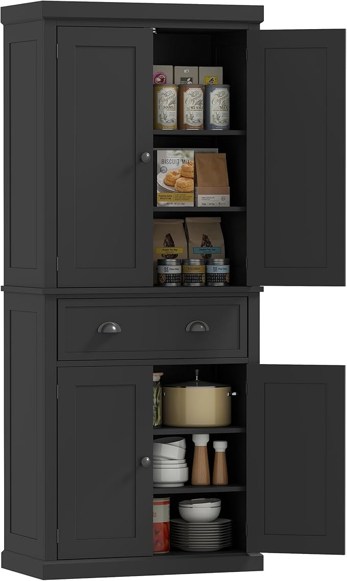 HOMCOM 72.5" Kitchen Pantry Cabinet, Traditional Freestanding Storage Cabinet with 4 Doors, Drawer and 3 Adjustable Shelves for Dining Room, Black