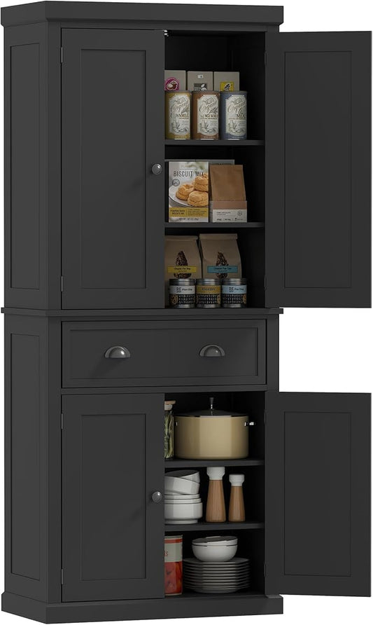 HOMCOM 72.5" Kitchen Pantry Cabinet, Traditional Freestanding Storage Cabinet with 4 Doors, Drawer and 3 Adjustable Shelves for Dining Room, Black