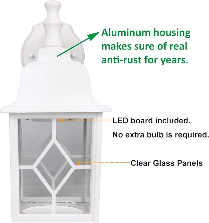 LIT-PaTH Outdoor LED Wall Lantern, White Large Exterior Wall Light Fixture, 3000K Warm White, 11W 1000 Lumen, Anti-Rust Aluminum Porch Lighting for Outside, Patio, Garage, 1 Pack