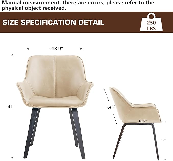 Upholstered Dining Chairs Set of 2, 4 & 6 - Faux Leather Accent, Living & Kitchen Dining Chairs - Comfortable Reading/Arm Chairs - Mid Century Modern Style (Beige, 2)