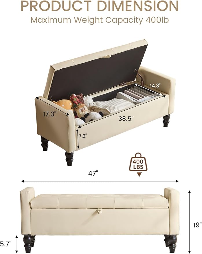 47" Storage Ottoman Bench, End of Bed Bench for Bedroom, Leather Upholstered Ottoman with Storage for Living Room, Entryway, Window (Beige)