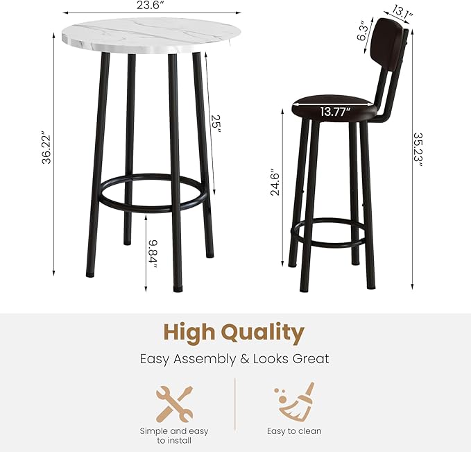 DKLGG Dining Table Set for 2 - 24" Round Kitchen Table With MDF Tabletop & 2 PU Leather Chairs, Bar Pub Set for Small Space Kitchen Living Room Apartment, White