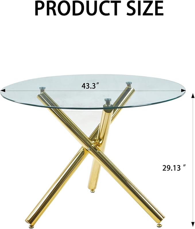 43.3" Round Glass Dining Table for 6, Modern Clear Glass Kitchen Table for 6 with Gold X Metal Legs, Contemporary Small Circle Dining Room Leisure Tables for Kitchen Apartment