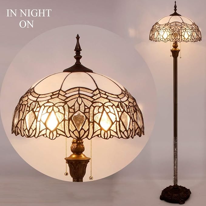 WERFACTORY Tiffany Floor Lamp Crystal Bead White Stained Glass Standing Reading Light 16X16X64 Inches Antique Pole Corner Lamp Decor Bedroom Living Room Home Office S508W Series