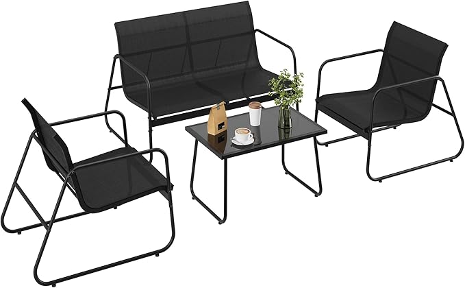 GarveeLife 4Pcs Textilene Conversation Set with 2 Chairs, Patio Conversation Set with Single Chairs and Glass Top Coffee Table, Textilene Furniture Set with Love Seat