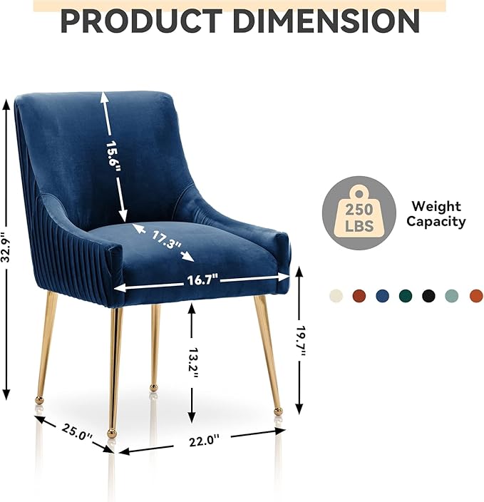 Dining Chairs, Accent Chairs Set of 8, Modern Upholstered Kitchen Dining Chairs with Gold Legs, Fabric Tufted Velvet Living Room Chairs for Reception Room Bedroom Kitchen(Navy Blue)