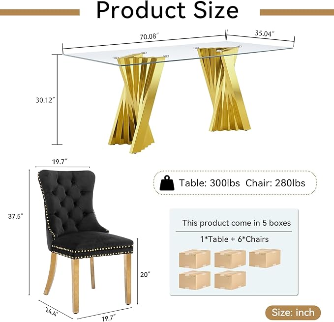 Goujxcy Modern 7 Piece Glass Dining Table Set Luxury Glass Kitchen Table and Chair Set for 6, 70" Large Rectangular Dining Room Table with 6 Tufted Chairs and Stainless Steel Legs (Gold & Black)