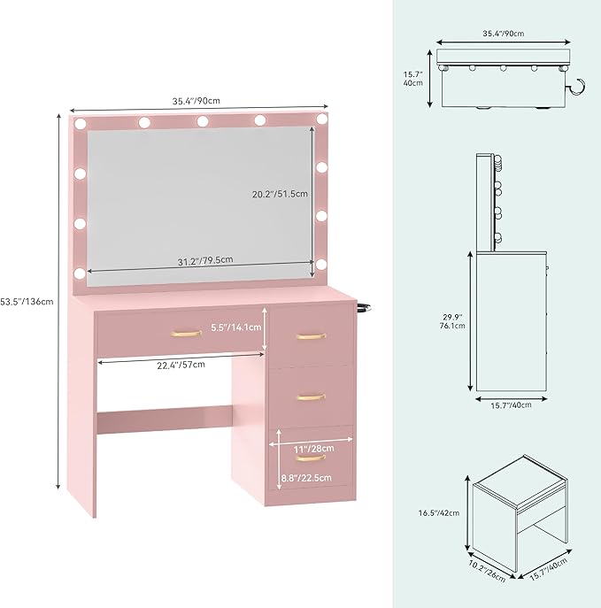 YITAHOME Vanity Set with Mirror and Lights, Makeup Vanity Set with 11 LED Lights, Dressing Table with 4 Drawers and Stool, Ample Storage, Power Strip, for Dressing Area, Light Pink