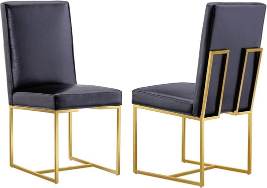 AUZ Dining Chairs, Black and Gold Faux Leather Upholstered Dining Room Chairs with Polished Stainless Steel Legs, Set of 2