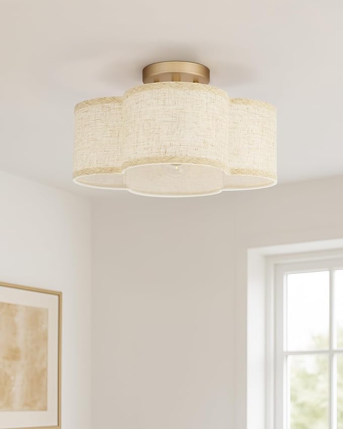 Gold Semi Flush Mount Ceiling Lights, 4-Light 14" Gold Light Fixtures Ceiling Mount with Fabric Shade in Quatrefoil Shape, Drum lighting fixture for Nursery Bedroom Kitchen, AD-22007-4SF-GD-B