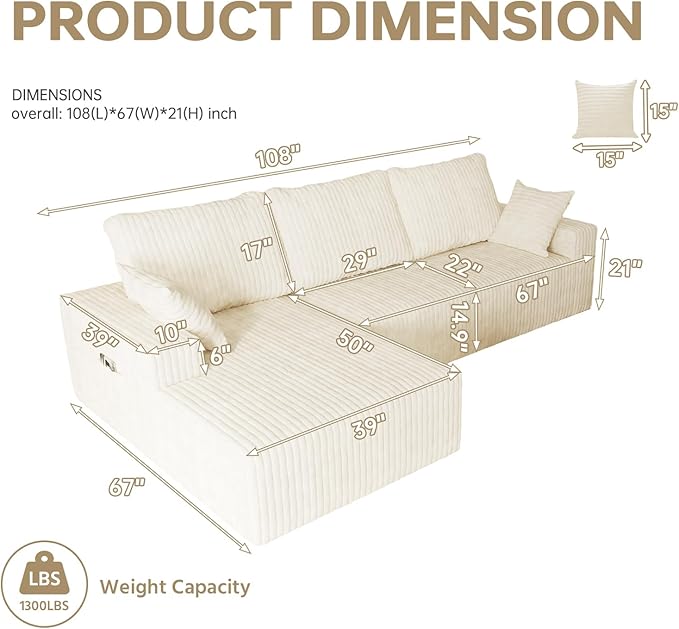 108" Sectional Couches for Living Room, Modular Sectional Sofa with L-Shape Chaise, Boneless Couch, Comfy Corduroy Fluffy Couch with Deep Seat and Side Pockets, No Assembly Required