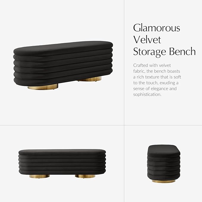 HULALA HOME Velvet Storage Bench, Large Upholstered Ottoman Bench with Button Tufted Design for Living Room, Bedroom, Entryway, or Window, End of Bed Bench with Shoe Storage, Modern Home Decor, Black