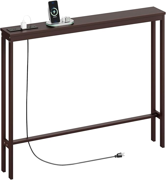 ELYKEN 5.9" Narrow Console Sofa Table with Power Outlets, 5.9" Dx39.4 Wx31.1 H Bamboo Behind Couch Table with Charge Station, Brown