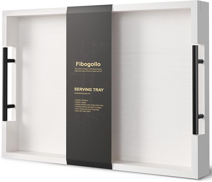 Bamboo Serving Tray with Metal Handles,17x12in Ottoman Decorative Trays Platter for Coffee Table,Living Room,Bar,Party,Large(White)