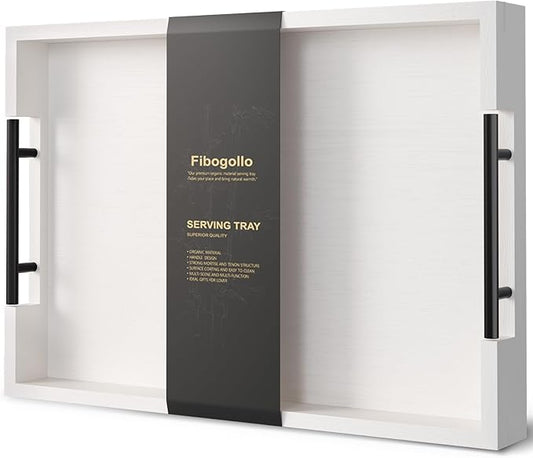 Bamboo Serving Tray with Metal Handles,17x12in Ottoman Decorative Trays Platter for Coffee Table,Living Room,Bar,Party,Large(White)