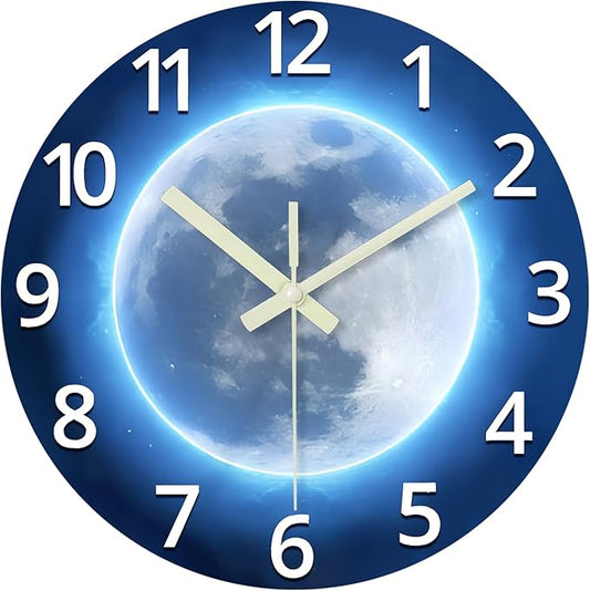 Analog Glow in The Dark Wall Clock Battery Operated 12 Inch Blue Light Up Clock for Wall Silent Wall Clock for Kids Bedroom