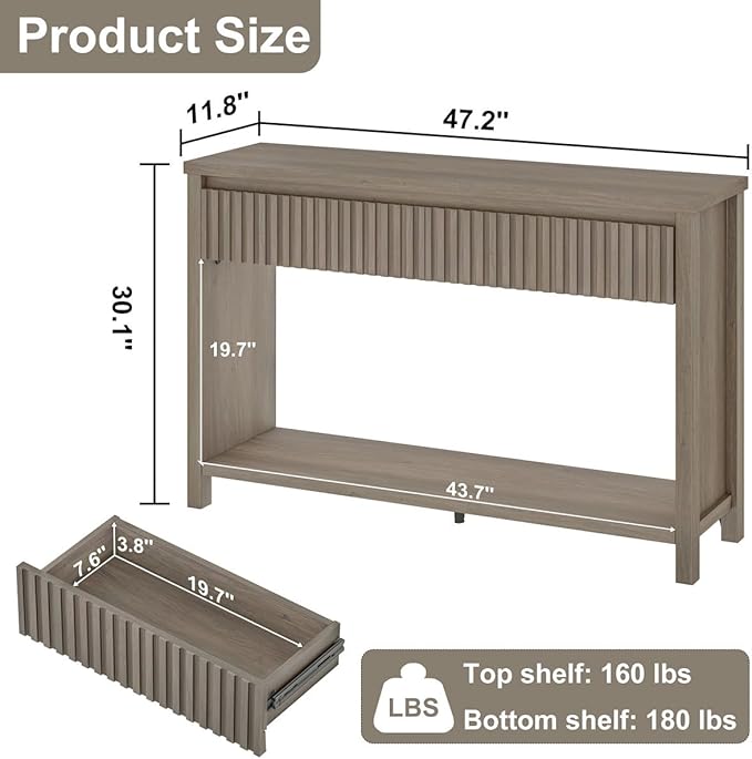 BON AUGURE Console Table with Storage, Entryway Table with Drawers, 47In Couch Tables Behind Sofa, Sofa Tables with Two-Tier Shelf for Living Room, Hallway, Front Door, Greige Oak