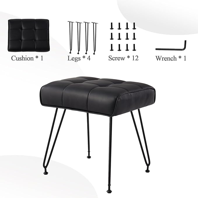PU Leather Vanity Stools, Vanity Stool Chairs for Makeup Faux Leather Foot Stools Ottoman with Metal Leg Make up Chairs for Vanity Small Bench Seat for Living Room Bedroom (Black)