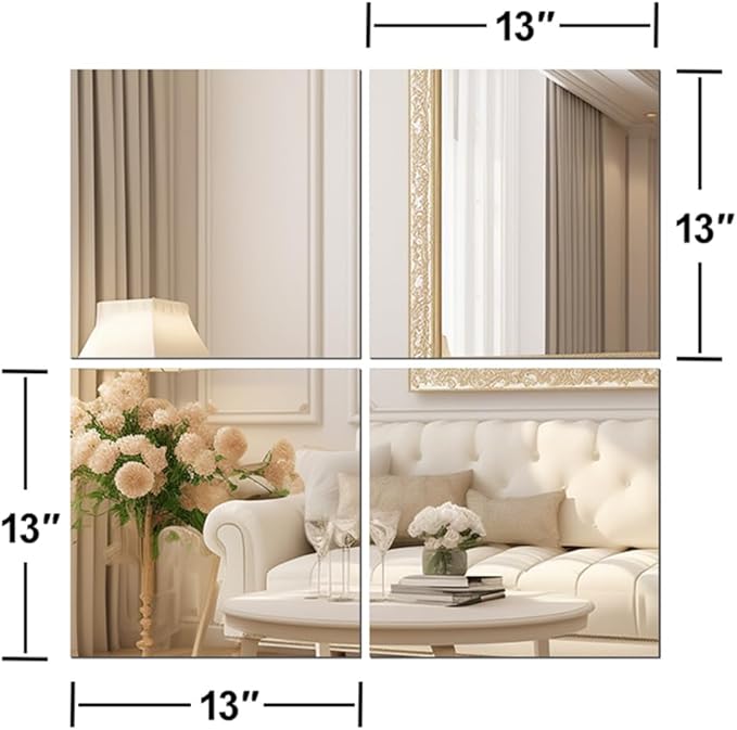 Vlush Adhesive Wall Mirror Tiles 13'' x 13'' x 4PCS Full Body & Full Length Mirrors Wall Mounted Mirrors Decorative for Home Gym, Door, Bedroom & Bathroom