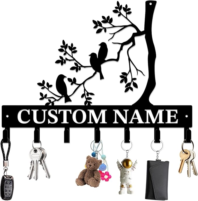 Personalized Custom Name Birds of Trees Wall Key Hooks,Metal Birds of Trees Art Clothes Hooks,Metal Birds of Trees Wall Home Storage Decorative,For Front Door, Hallway, Kitchen, Bedroom(Style G)