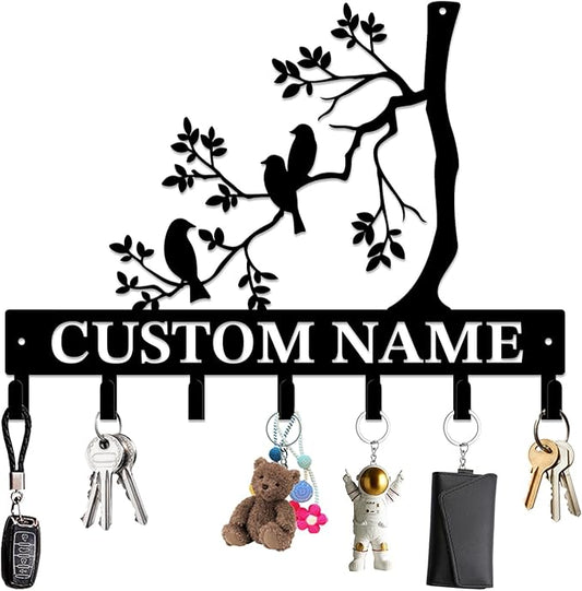 Personalized Custom Name Birds of Trees Wall Key Hooks,Metal Birds of Trees Art Clothes Hooks,Metal Birds of Trees Wall Home Storage Decorative,For Front Door, Hallway, Kitchen, Bedroom(Style G)