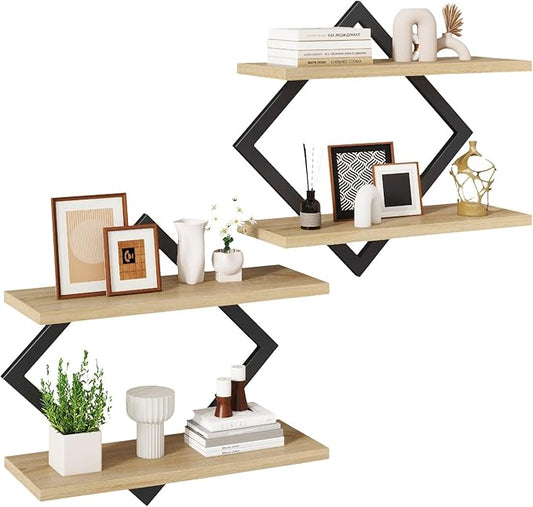 IBUYKE Floating Shelves,15 Inch Wall Shelf Set of 2,Wall Mounted Shelves,2 Tier Hanging Decorative Storage Shelf for Living Room, Bedroom, Bathroom, Kitchen TFS003R-2