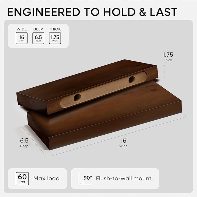 Homeforia Walnut Floating Bathroom Shelves, High End Solid Real Wood 16 inch Small Floating Shelf for Wall Mounted, Dark Brown 16inch Floating Shelves, Heavy Duty Bracket, 16 X 6.5 X 1.75 in, Set of 4