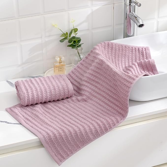sense gnosis Waffle Hand Towel with Terry Striped Pattern Super Soft 100% Cotton Ultra Absorbent Bathroom Hand Towels 13 x 29 Inch (Pink-Purple, 2 Pieces)