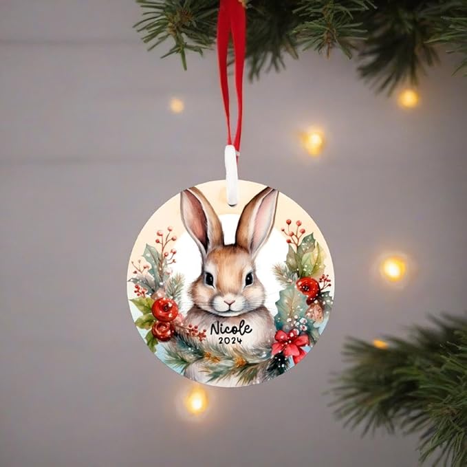Personalized Bunny Christmas Ornament - Custom Name & Year Woodland Decoration