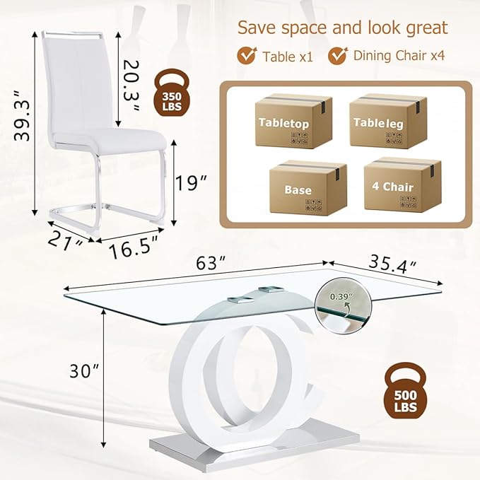 63'' Glass Dining Table Set for 4, Kitchen Table Chairs Set of 4, Clear Glass Dining Table with White unique design Leg and Silver Metal Base, 4 PU Dining Chairs with Metal Legs, Living Room, Kitchen.