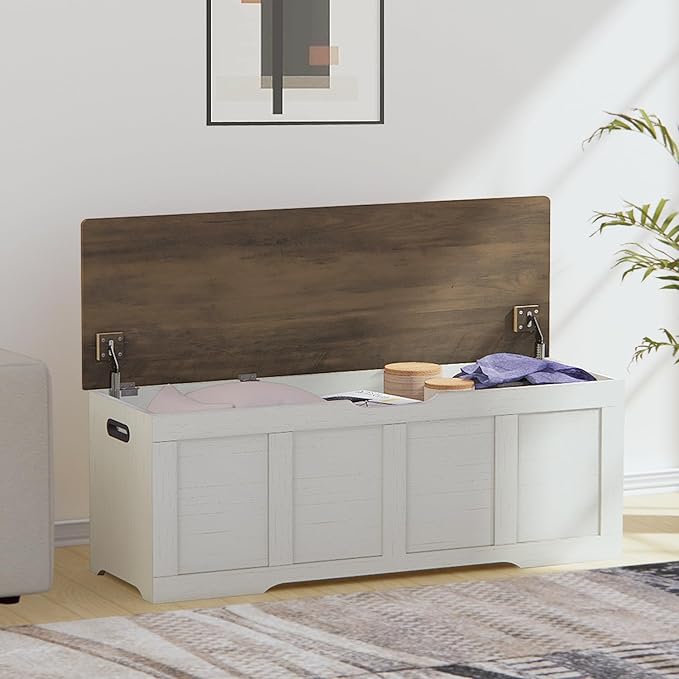 47.2" Storage Chest, Extra Large Storage Trunk with 2 Safety Hinges, Wooden Storage Bench, Shoe Bench, Entryway Bench for Living Room, Bedroom, Brown and Rustic White