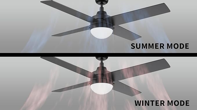 CEME 52" Ceiling Fan with Light Low Profile, DC 5 Speeds Silent Ceiling Fan with Remote, 4 Dual Finish Blades, 3 Light Colors Dimmable LED for Bedroom Room, Black