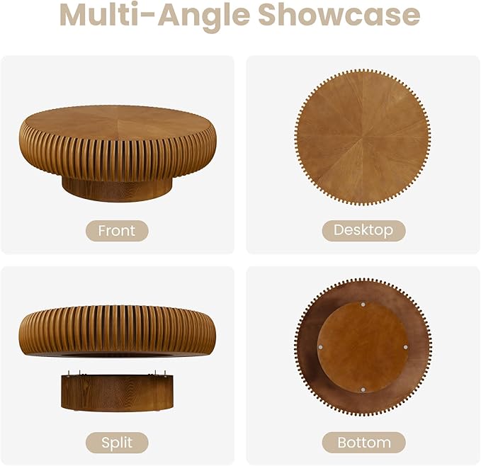 Round Fluted Coffee Table Modern Handcraft Drum Coffee Table with Sturdy Pedestal 31.5" Farmhouse Center Table Tea Table for Living Room, Reception Room, Entertainment Room (Brown 39.37inch)