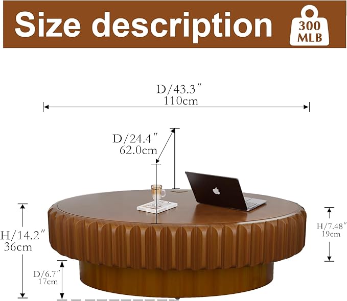 Round Drum Coffee Table White Fluted Coffee Table Circle Center Table Pedestal End Table for Apartment (Oval 43.3in)