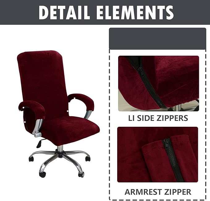 Velvet Plush Wide Large Office Chair Cover - Cat Proof Stretchable Protector for Ergonomic Office Desk Chair with Wheels and Armrests - Comfy Mesh Executive Chair for Home Office, Wine Red, XL