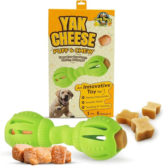 Tibetan Dog Chew Yak Cheese Puff & Chew - Fun Interactive Treat Dispenser Toy for Dogs - Training, Teething, Calming, Mental Stimulation - Bone Dumbbell - Fluorescent Green (1 Toy, 5 Nuggets)