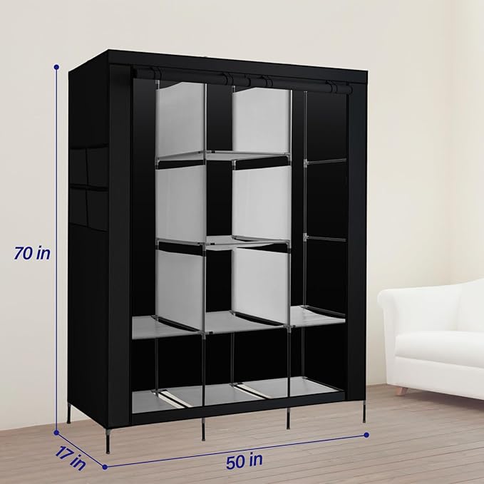 PLKO Portable Closet, Wardrobe Closet Organizer,Portable Clothes Closet Rolling Door Wardrobe with Black Oxford Fabric Cover for Bedroom, (Black)