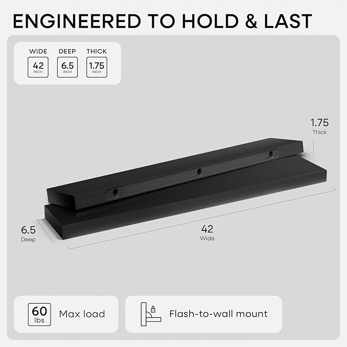 Homeforia Floating Black Shelf 42 inch, High End Solid Real Wood 42 inches Long Floating Shelves for Wall, Black Wooden 42inch Large Floating Shelves, Heavy Duty Bracket, 42 X 6.5 X 1.75 in, Set of 3